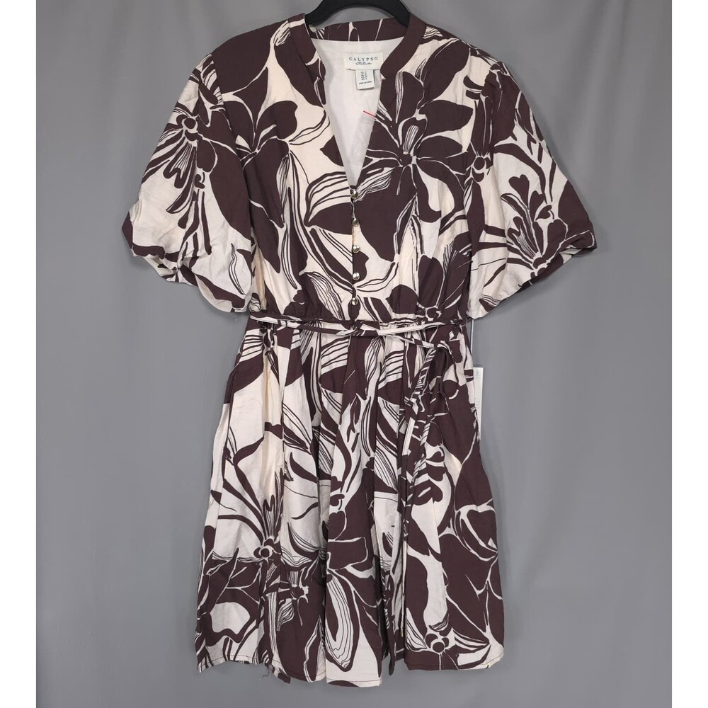 CALYPSO ST BARTH Women's 6 New Mini Dress Resort Floral Tie Belted Brown Cream